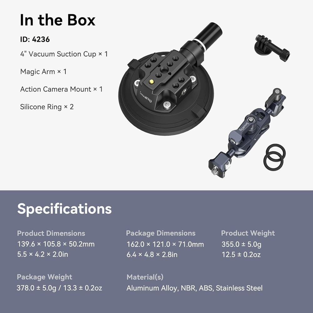 SmallRig 4" Camera Suction Mount with Ball Head Magic Arm Max Load 3kg