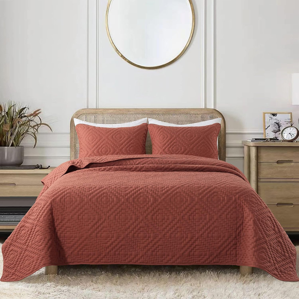 Burnt Orange Twin Size Quilt Bedding Sets with Pillow Sham, Boho Lightweight Sof