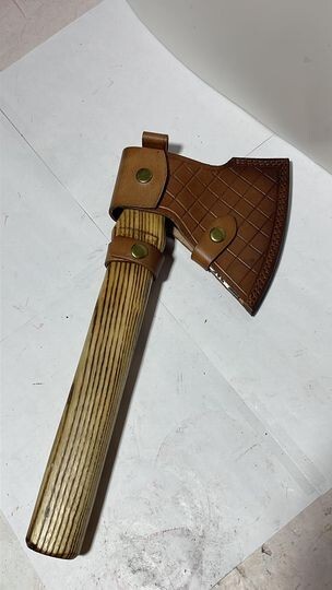 Custom Connie Bay pattern damascus throwing hatchet with sheath!