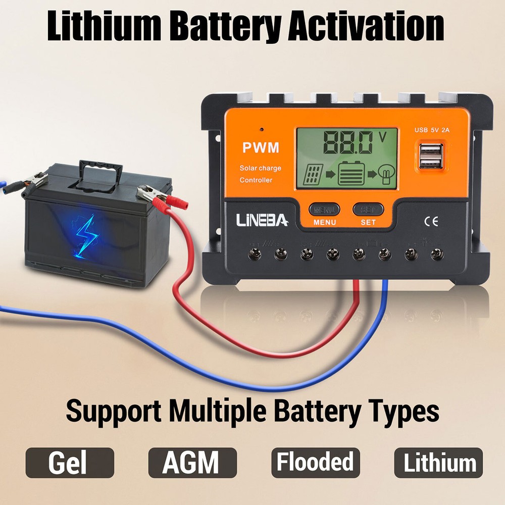 Solar Panel Battery Charge Controller 12V/24V LCD Regulator Auto Track Dual USB