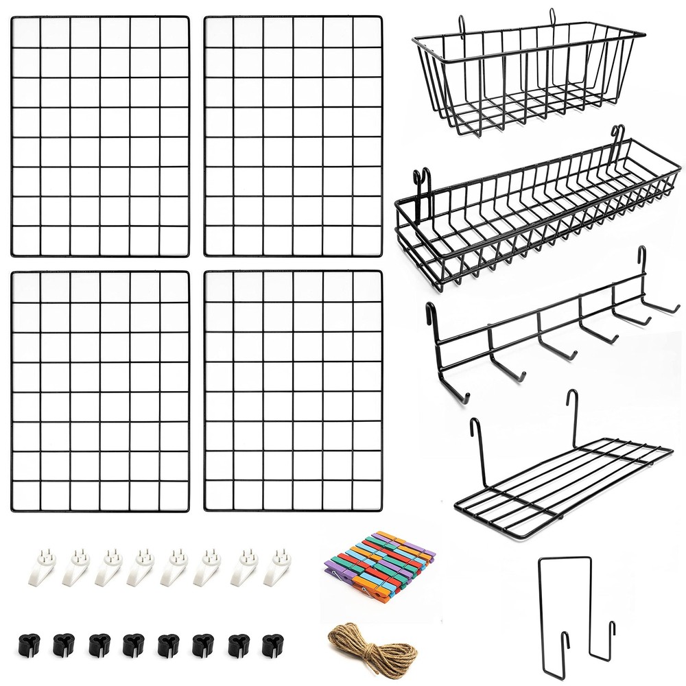 4 Pack Wire Wall Grid Panel With Accessories | Includes Hanging Baskets, Lett...