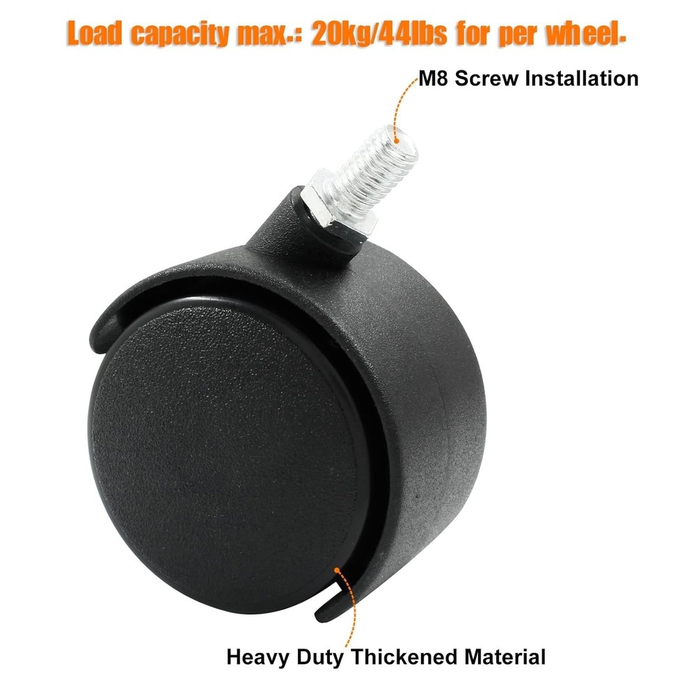 4pcs 2 Inch Swivel Caster Wheels, Black Nylon M8 Threaded Stem