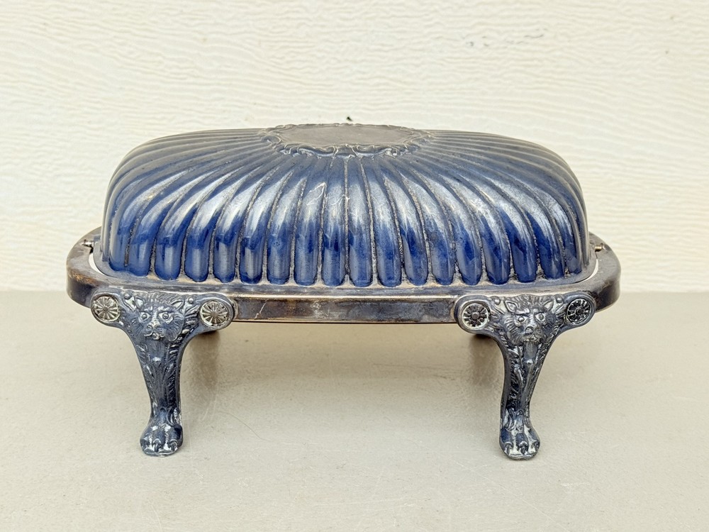 FB Rogers Silver Plated Roll Top Lion Head Claw Feet Covered Butter Dish