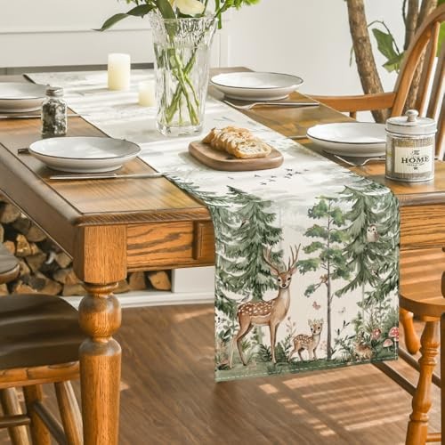 Forest Deer Bunny Spring Table Runner, Seasonal Summer Kitchen Dining Table