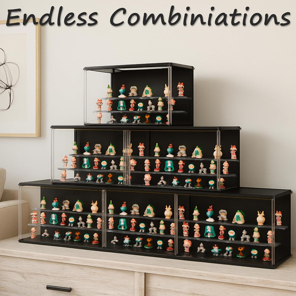 Clear Display Case for Collectibles, 3-Tier Stackable LED Figure Display Case wi