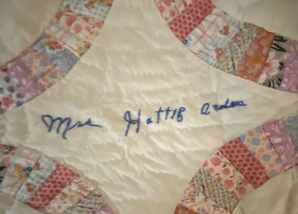 QUILT-‘SIGNED’ HANDMADE Wedding Ring Pattern 78” X 56” PATCHWORK *ANTIQUE*