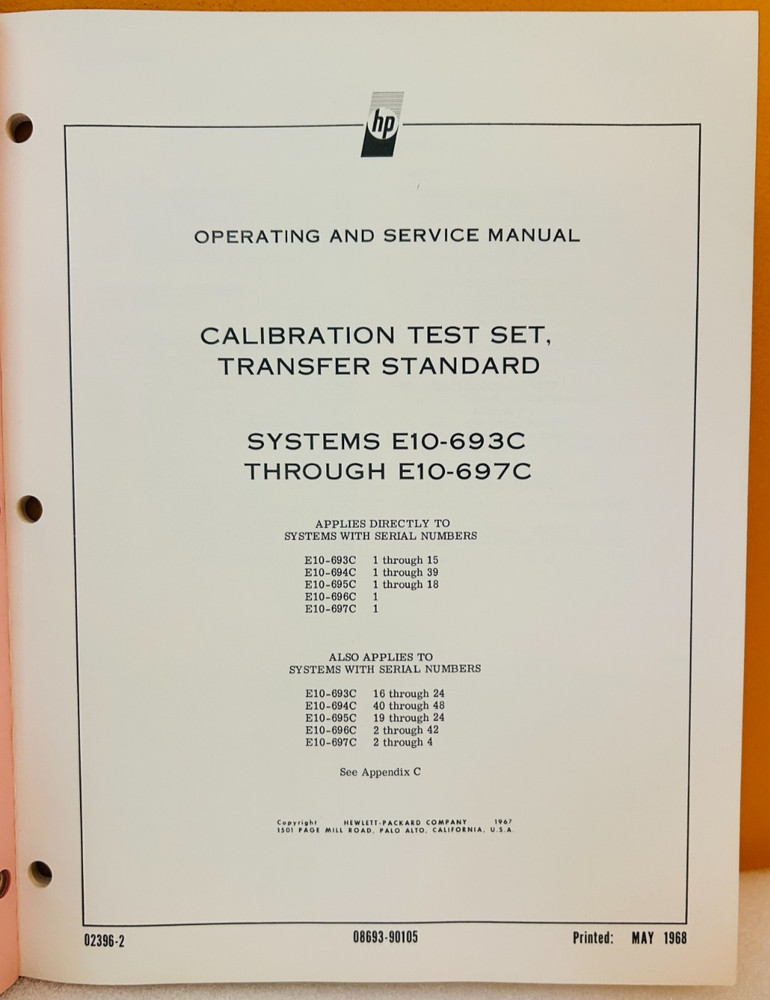 HP 08693-90105 E10-693C/E10-697C Calibration Test Set Transfer Standard Manual.