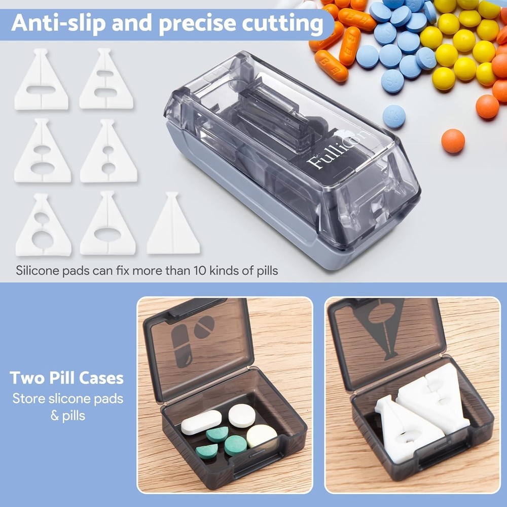 Compact Pill Splitter with Sharp Blade & 2 Large Organizers - Safe & Easy to Use