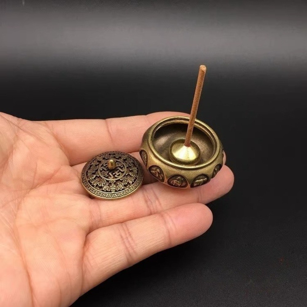 Solid Brass Mini Incense Burner with Lid for Meditation Decoration