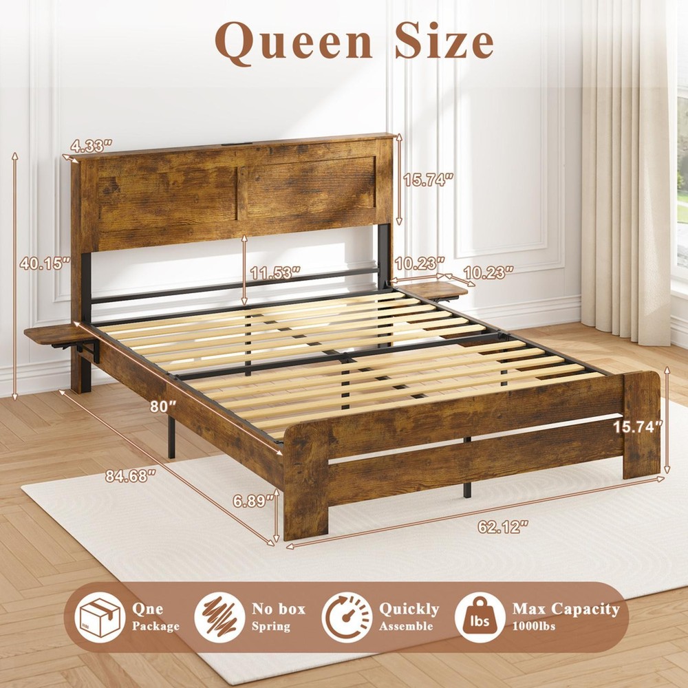 1200 Heavy-Duty Rustic Bed Frame with Blue LED Headboard, Foldable Side Tables &