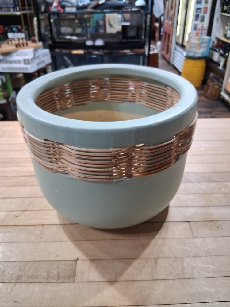 Sage Green Ceramic Planter with Woven Wicker Band