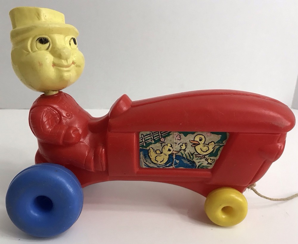 Empire Tractor & Farmer Bobble Head Pull Toy Blow Mold Original Pull String READ