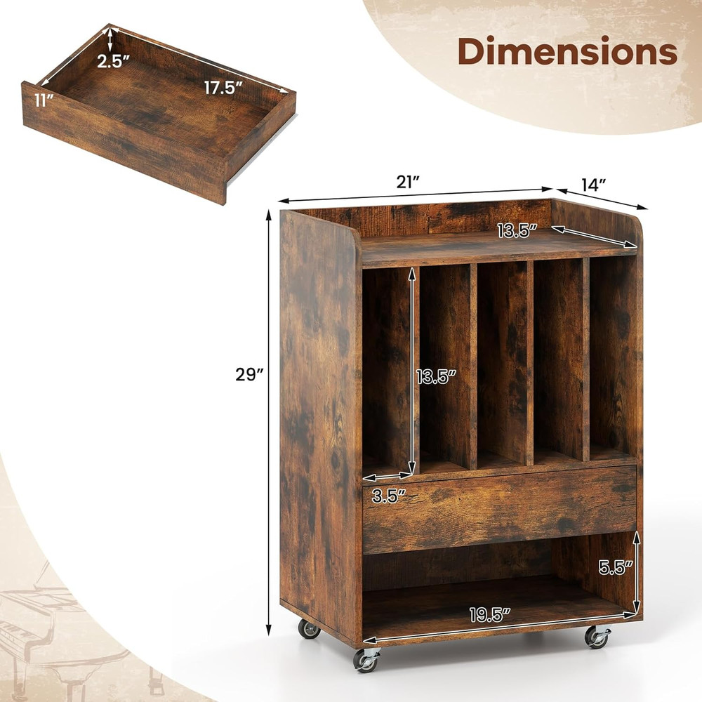 Record Player Stand, Rolling Turntable Stand with Drawer & Lockable Wheels, Reco