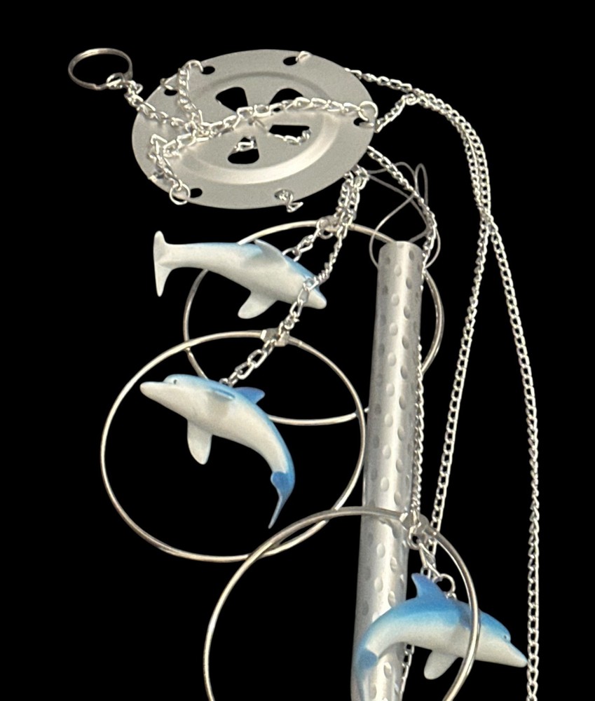 Wind Chime- DOLPHINS- five circles with blue & white dolphins- one chime