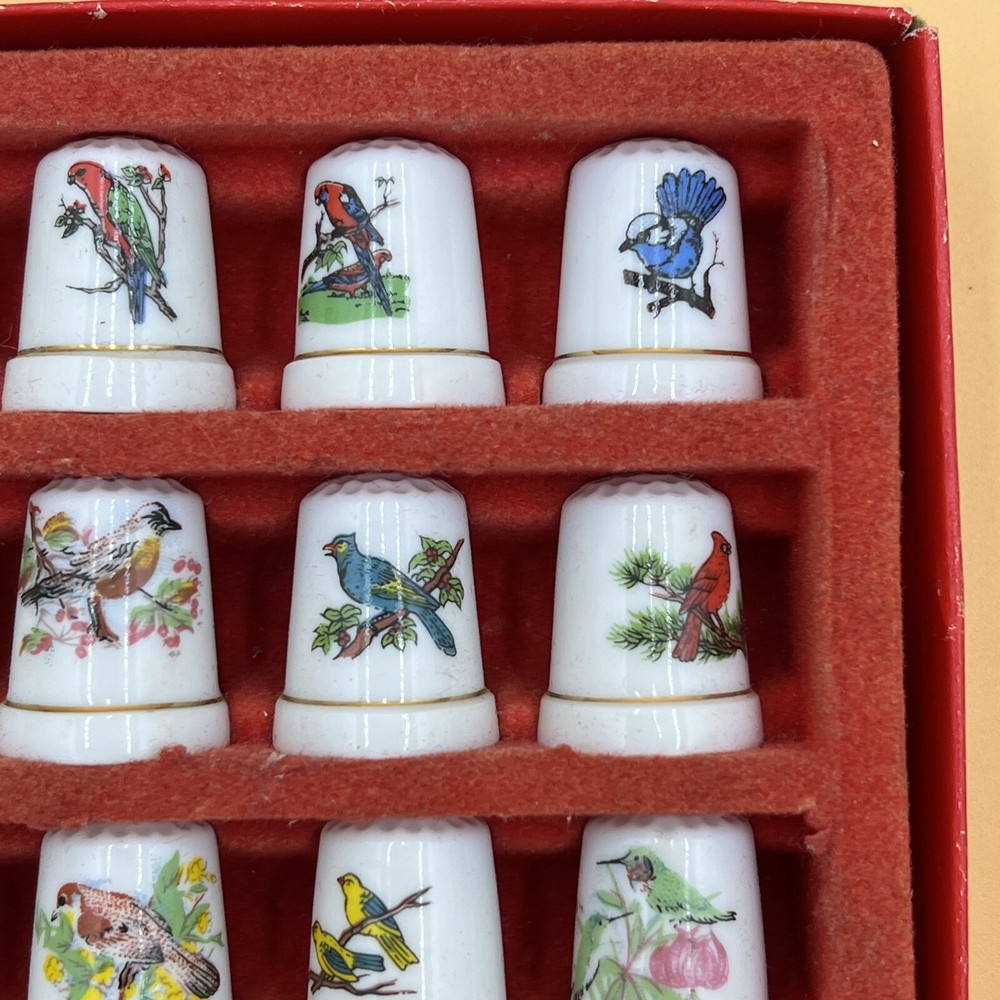 Porcelain Thimbles 12 Count Decorative Birds In BOX