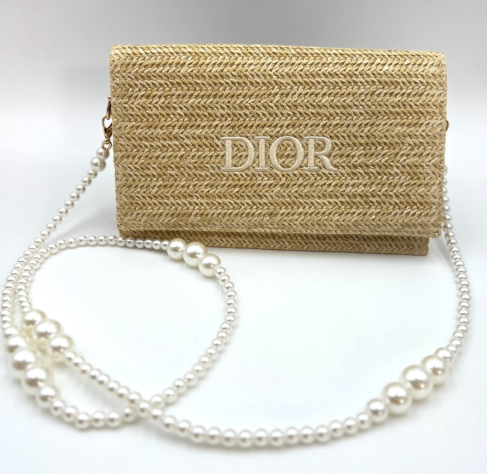Christian Dior Straw Raffia Woven Cosmetic Zipper Bag Pouch with Chain in box