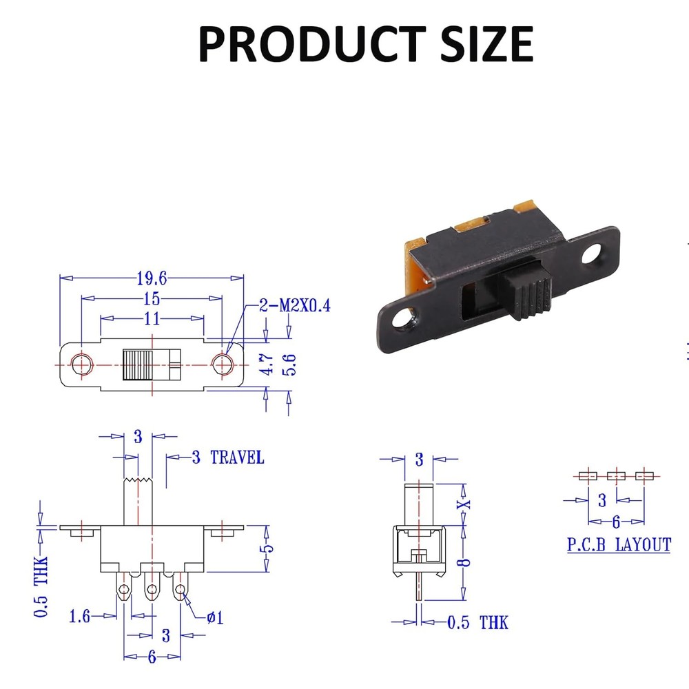 Slide Switch Panel Mount 3 Solder Lug Pin ON/Off 2 Position 50Pcs