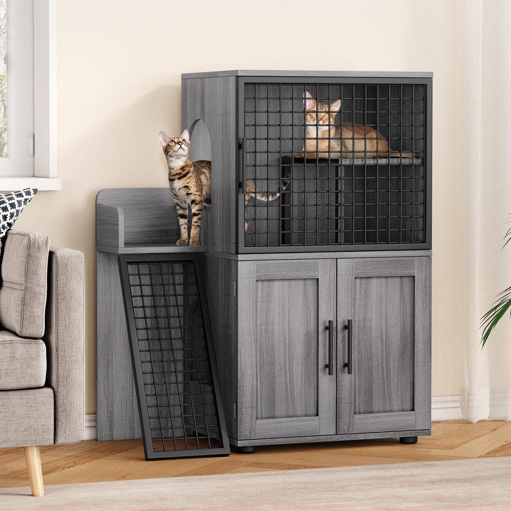 Modern Cat Litter Box Enclosure With Platform, Double Layer Cat Litter Hidden