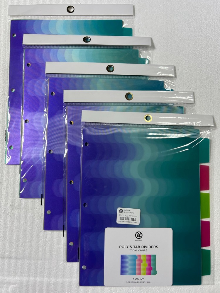 5 PACK  5ct Patterned Poly Tab Dividers Tidal Ombre TOTAL 25 FOLDER