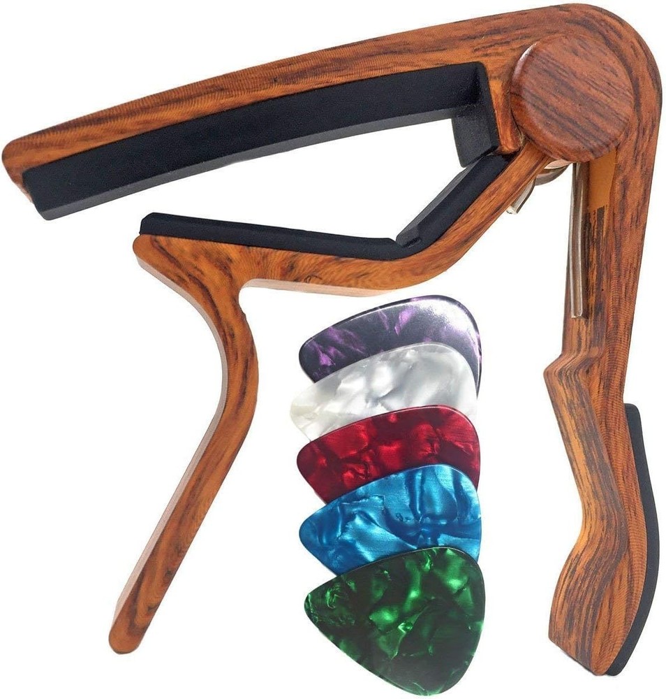 Rosewood Guitar Capo with 5 Picks - Versatile for All String Instruments