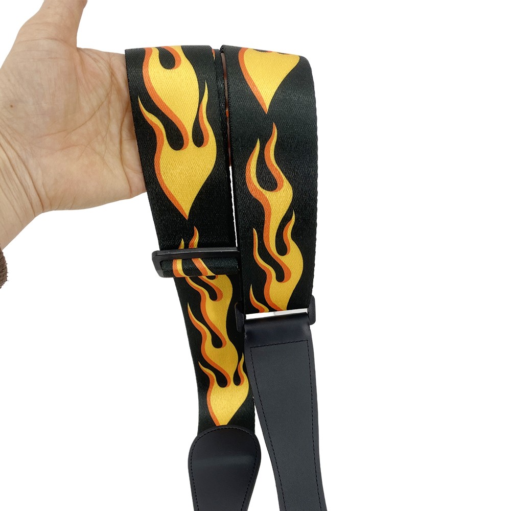 Electric Guitar Strap Cotton with Flames Embroidery Durable Adjustable