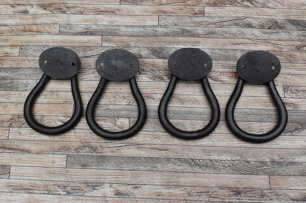 4pc Vtg Cast Iron Door Gate Cabinet Cupboard Pull Drop Back Plate Handle Knocker