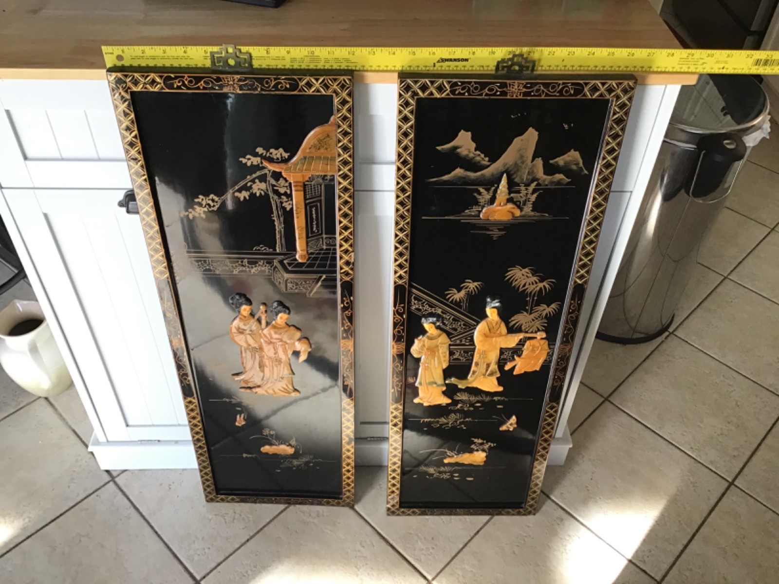 Black Lacquer Asian Geshia women beautifully painted wooden inlay. 12” X 36” tal