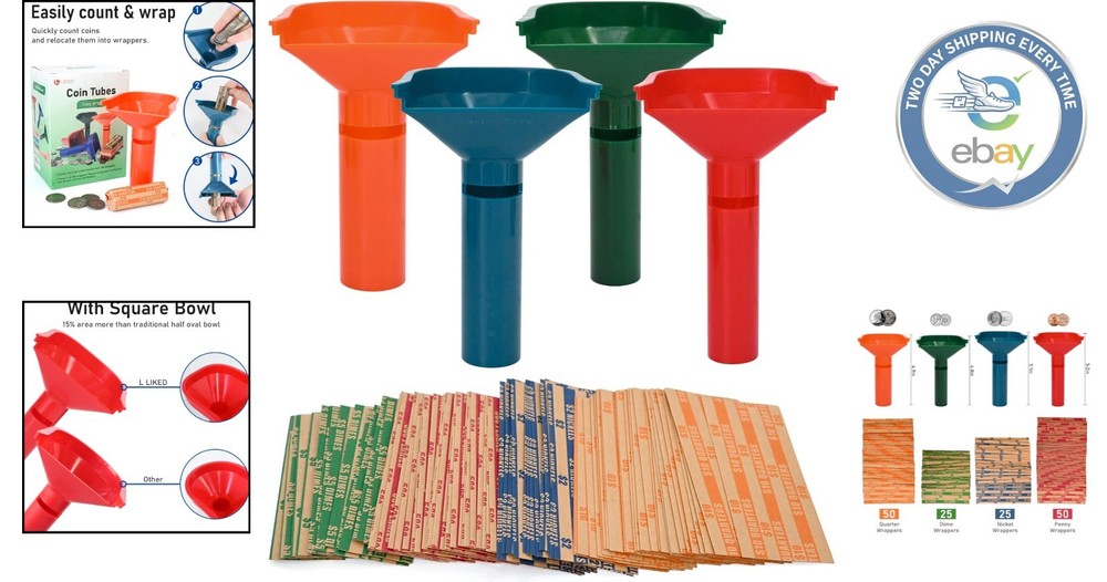 150 Assorted Color-Coded Coin Wrappers & 4 Durable Sorting Tubes Set