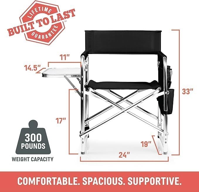 Lightweight Folding Sports Chair with Armrest Caddy and Carry Strap for Outdoors