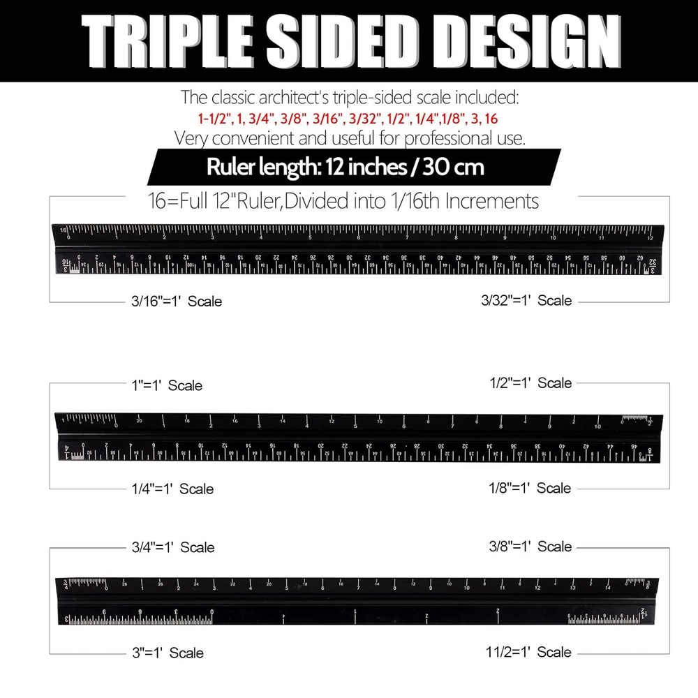 12" Architectural Scale Ruler, Aluminum Scale, Triangular black