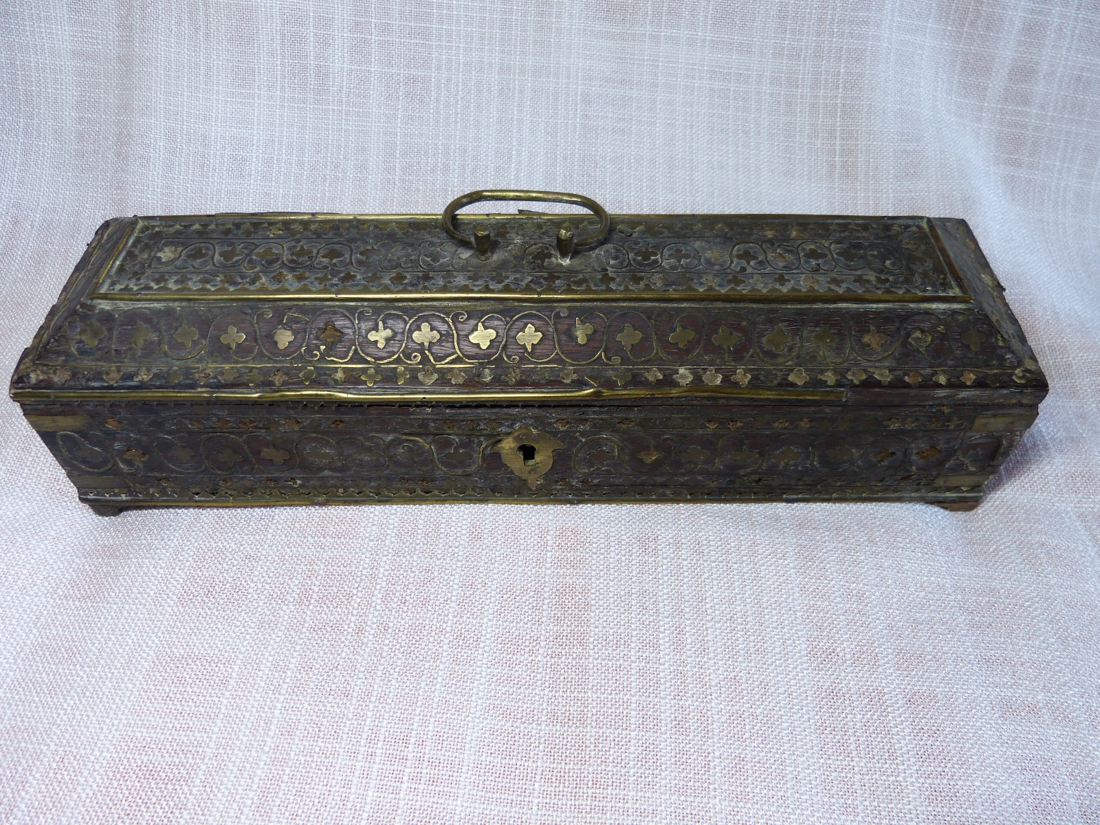 Boxset Antique Box Glove Antique Wooden 19 Century XIX ° Inlay Brass