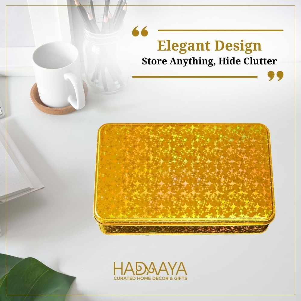 Gold Glitter Single Piece Empty Rectangular Tin Container W/ Lid Multipurpose