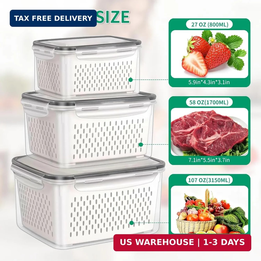 3 Pcs Fruit Containers for Fridge, Strawberry Storage Containers for Fridge, Foo