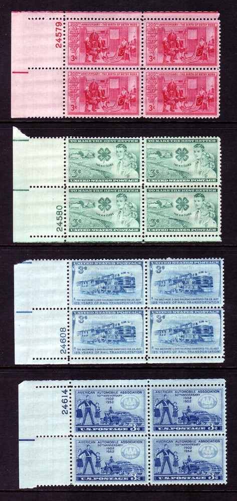 1952 COMMEMORATIVE PLATE BLOCK YEAR SET.  (13) DIFFERENT.  SCV $13