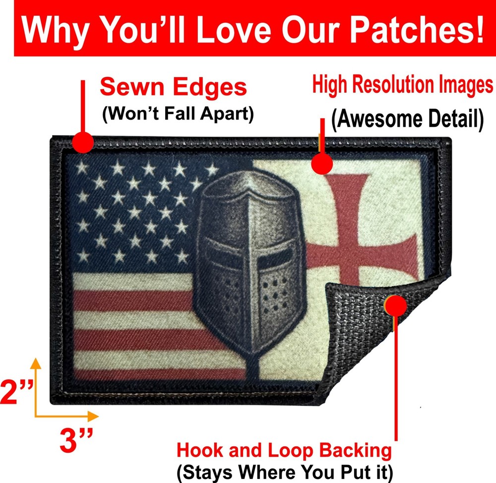 USA Flag Templar Cusader Morale Patch - 2x3 Christian Patch hook and loop