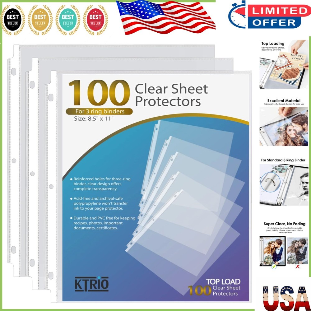 Durable Polypropylene 3 Ring Binder Sleeves - 100 Clear Top Loading Protectors