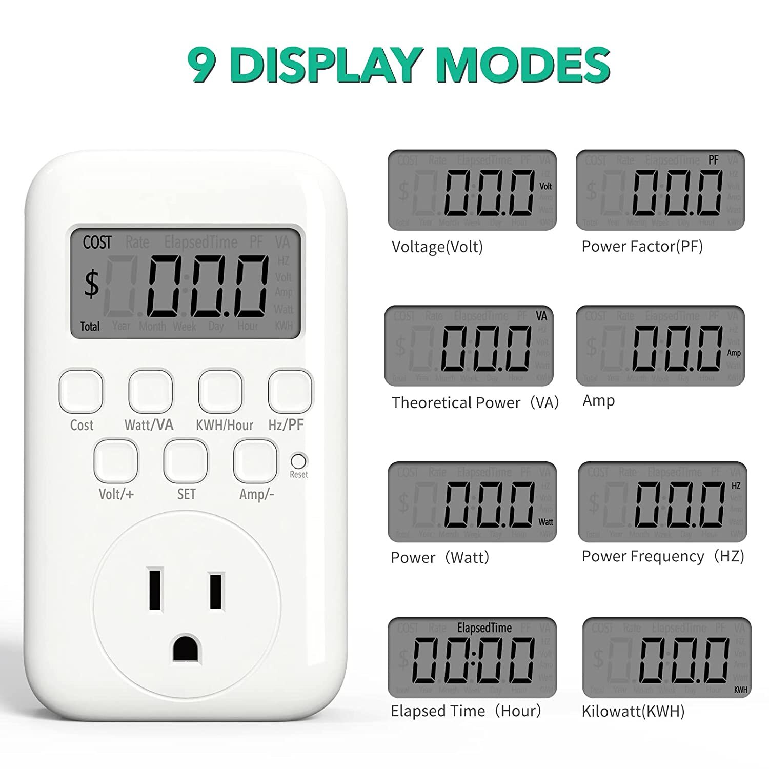 HBN Electricity Usage Monitor LCD Plug in Power Meter with 9 Display Modes