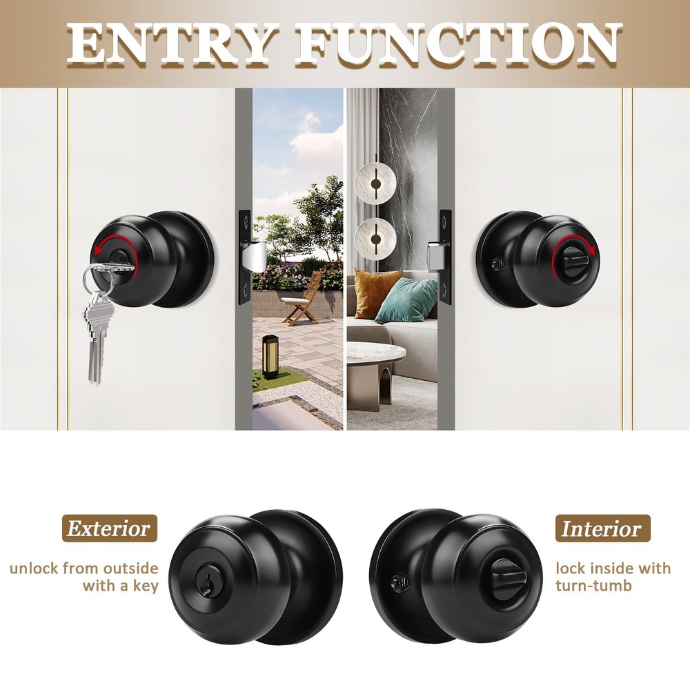 Probrico (5 Pack) Black Round Entry Door Knobs Keyed Alike, 5,