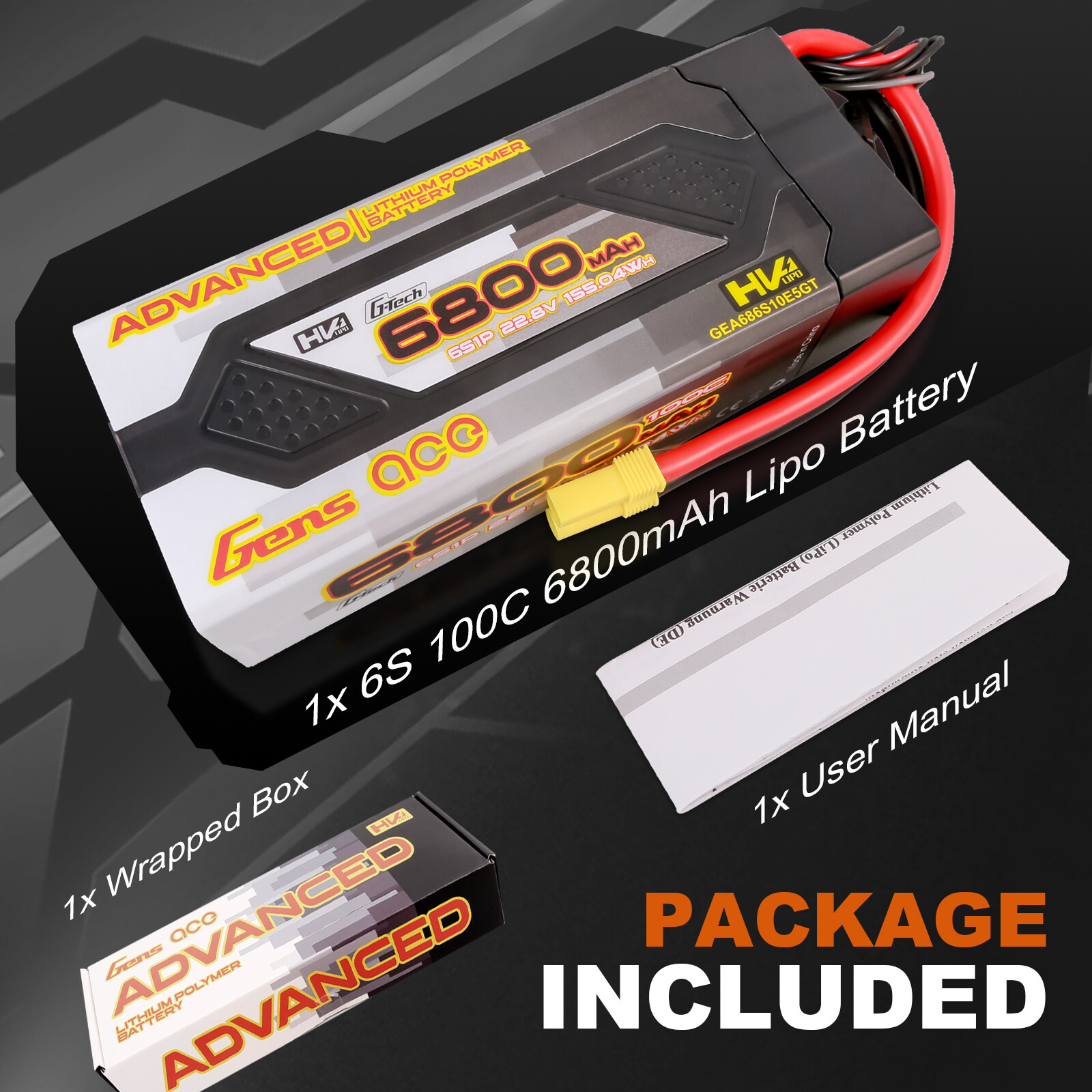 Gens Ace G-Tech Advanced 6800mAh 22.8 V 100C 6S HardCase Lipo Battery EC5 Plug