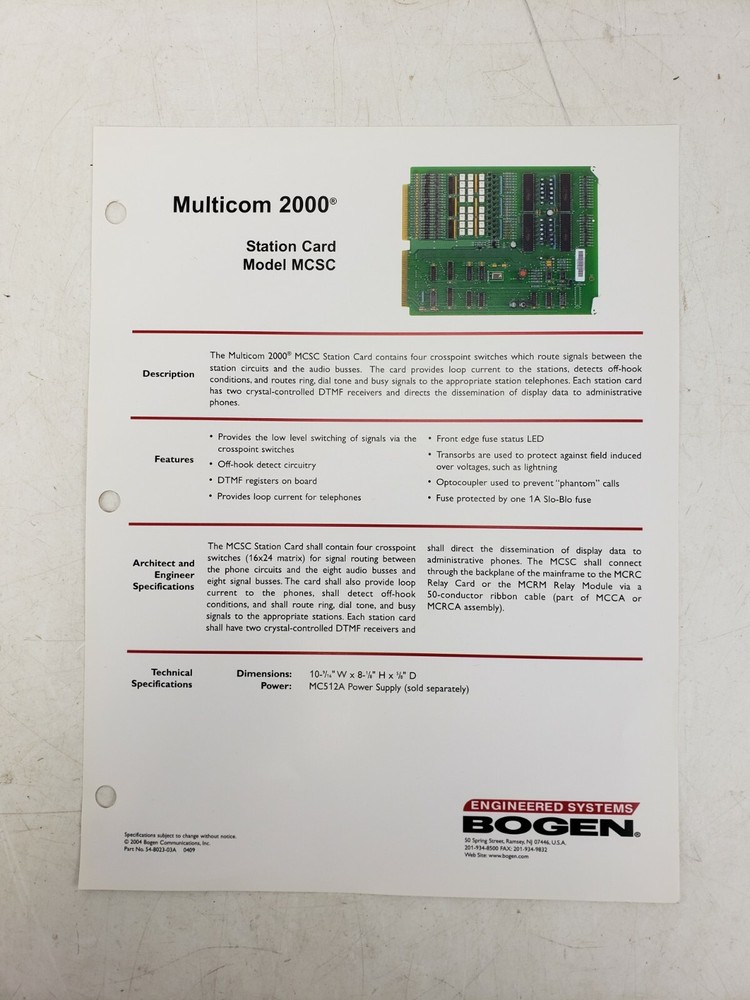 Bogen Multicom 2000 Station Card MCSC Intercom System Used AS IS #7