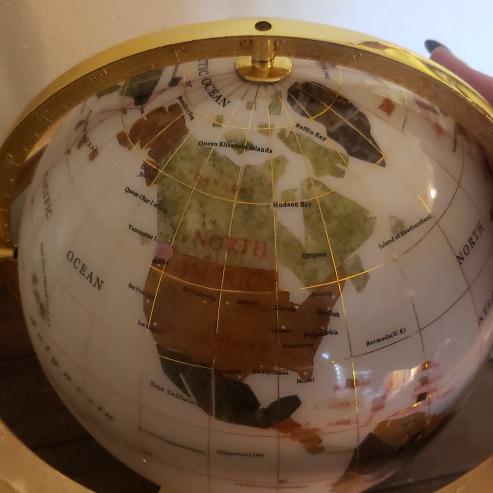 Gemstone Multicolor Tabletop Globe with Gold Metal Base, Rotating Decorative