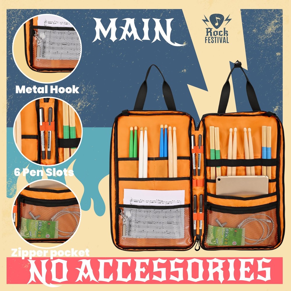 Drum Stick Bag with Hanging Hooks, Drum Mallet Storage with Adjustable Should...