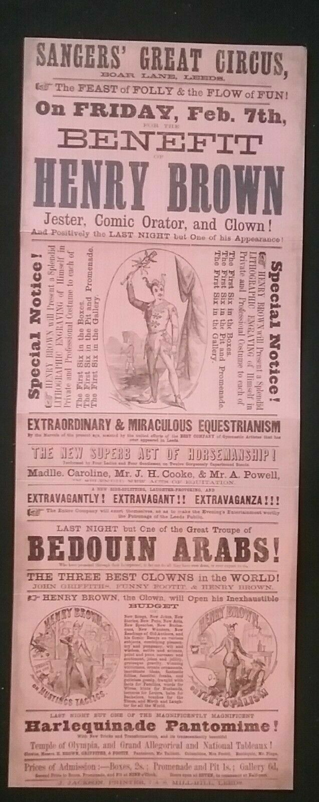 VICTORIAN POSTER , SANGERS GREAT CIRCUS, BOAR LANE , LEEDS , *Reproduction*