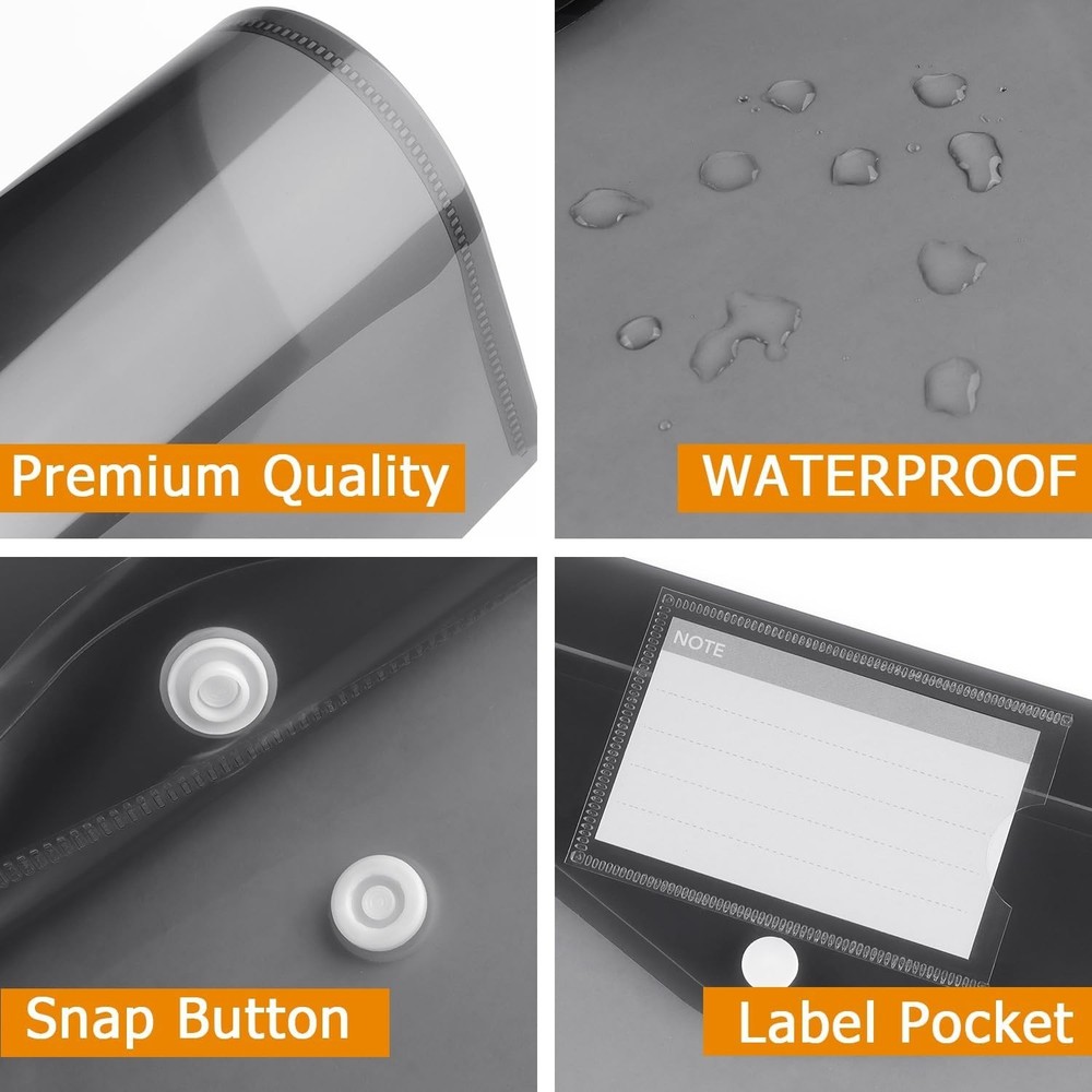 Translucent 6 Pack Plastic Envelopes with Snap Button & Label Pocket - Dark Grey