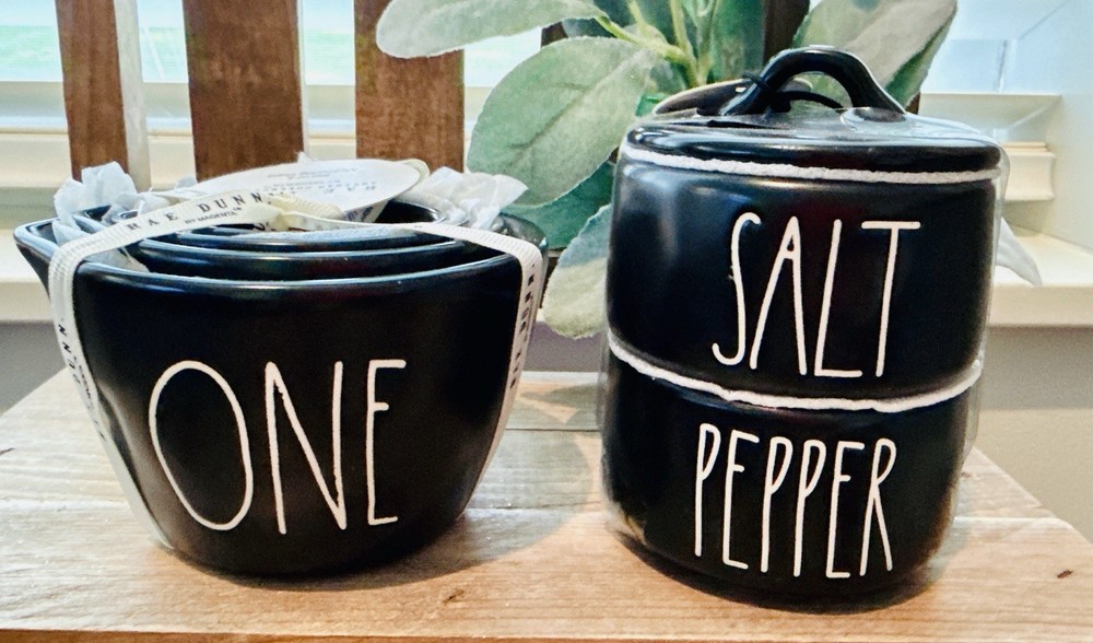 New Rae Dunn Halloween Black Nesting Measuring Cups & Stacking Salt Pepper Set