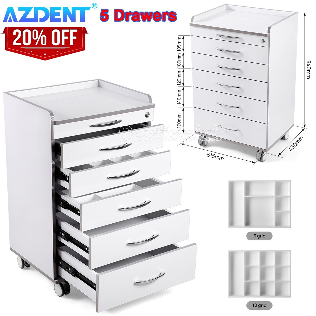 Dental Mobile Medical Cart Cabinet 5 Drawers Instrument Stand Lab Overbed Table