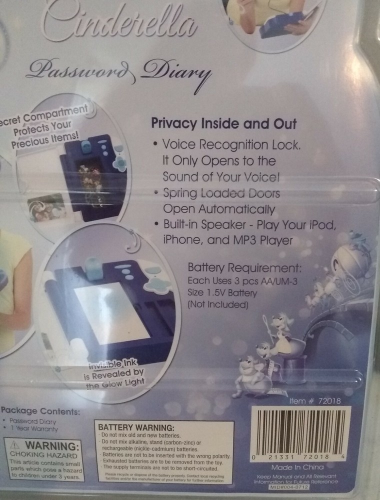 Cinderella Password Diary Voice Recognition Lock Built-in Speaker for MP3 Player