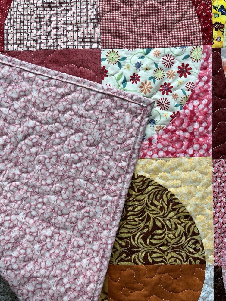 Quilt Handmade Patchwork Cotton Drunkards Path PinkRedOrangePurple - 52” X 52”