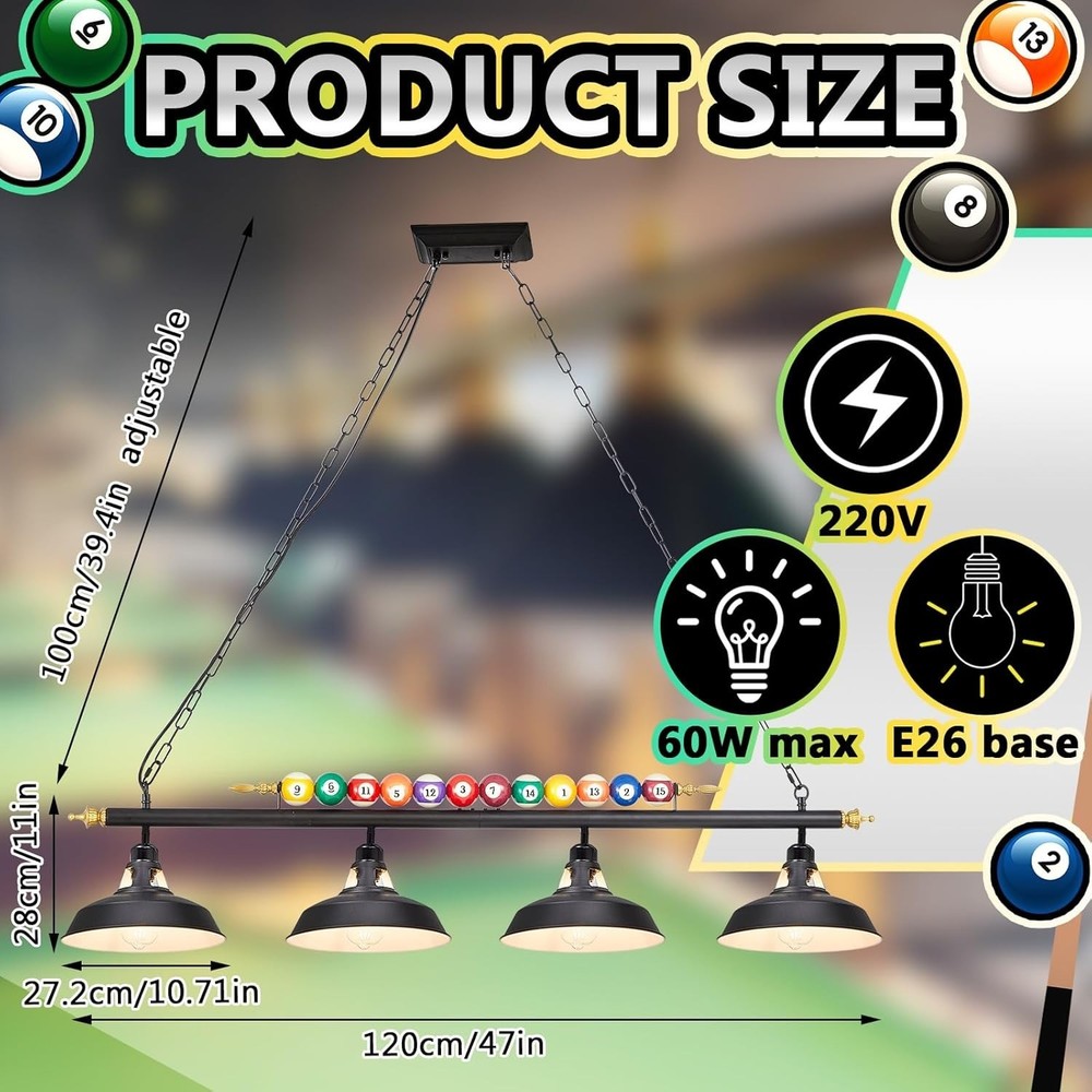 Adjustable Pool Table Lights for 7'-8' Billiard Light Hanging Pool Table Fixture