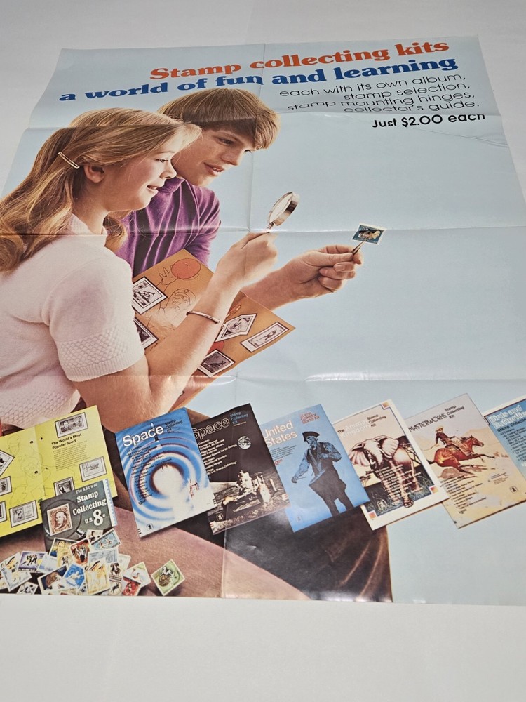 Vtg USPS Post Office, Stamp Collecting Kits, Advertising Poster 1975 (30×40)